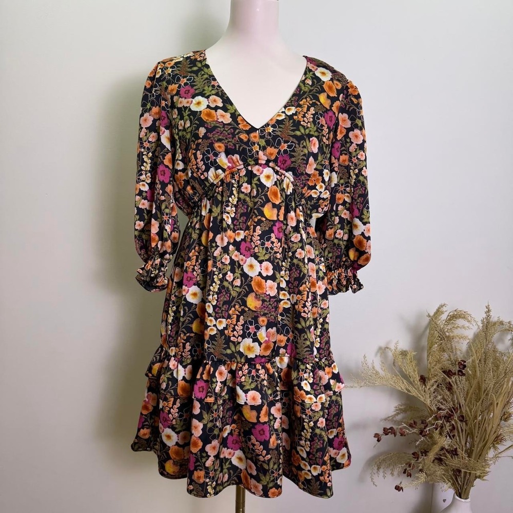Melonie T Dark Floral Empire Waist Tiered Ruffle Dress 3/4 Sleeve Size  8